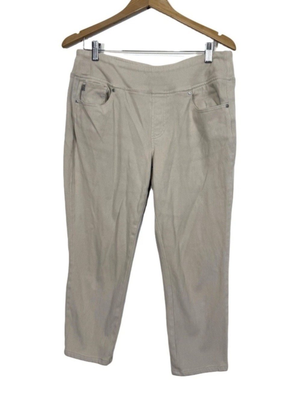 Belle by Kim Gravel Flexibelle Crop Pants Jeans Sz 14 Tan Pull On Stretch Beach